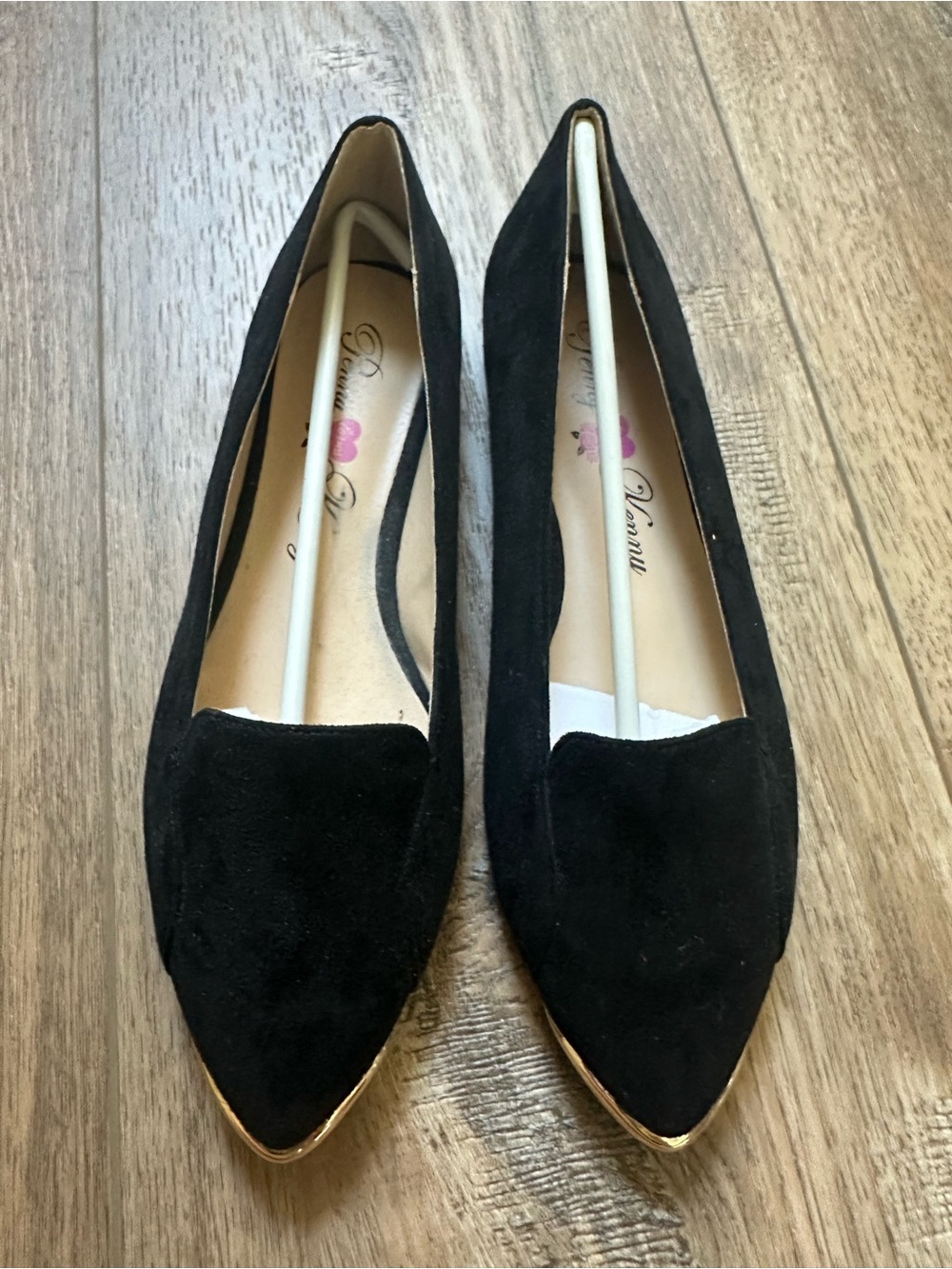 NEW! Faux Suede Flats, Pointed Toe, Black, Gold Accented, Women's Size 7.5